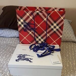 Burberry Red and Blue Plaid Bag with empty White Box with ribbon & booklets